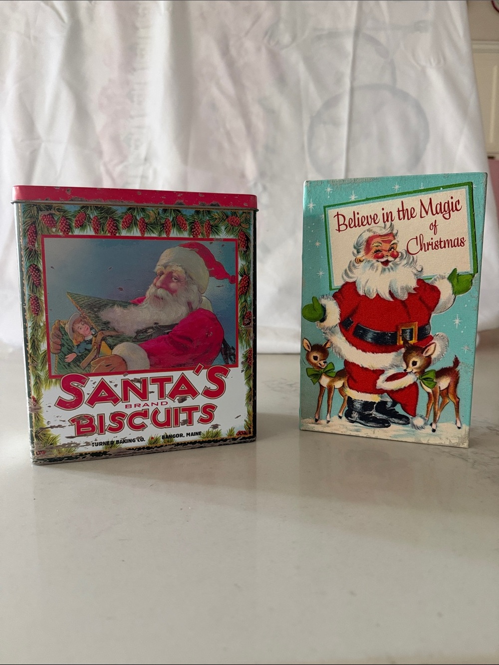 Holiday Santa Biscuit Tin - Vintage Red and White Christmas Decor